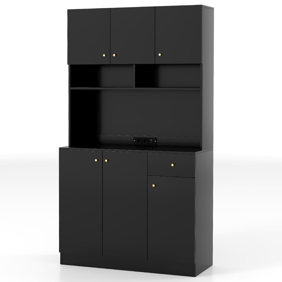 CostwayArmoire de Garde-Manger avec Prises Ports USB Kits Anti-Basculement et Étagères Réglables sur 3 Positions 100X40X181CM Noir
