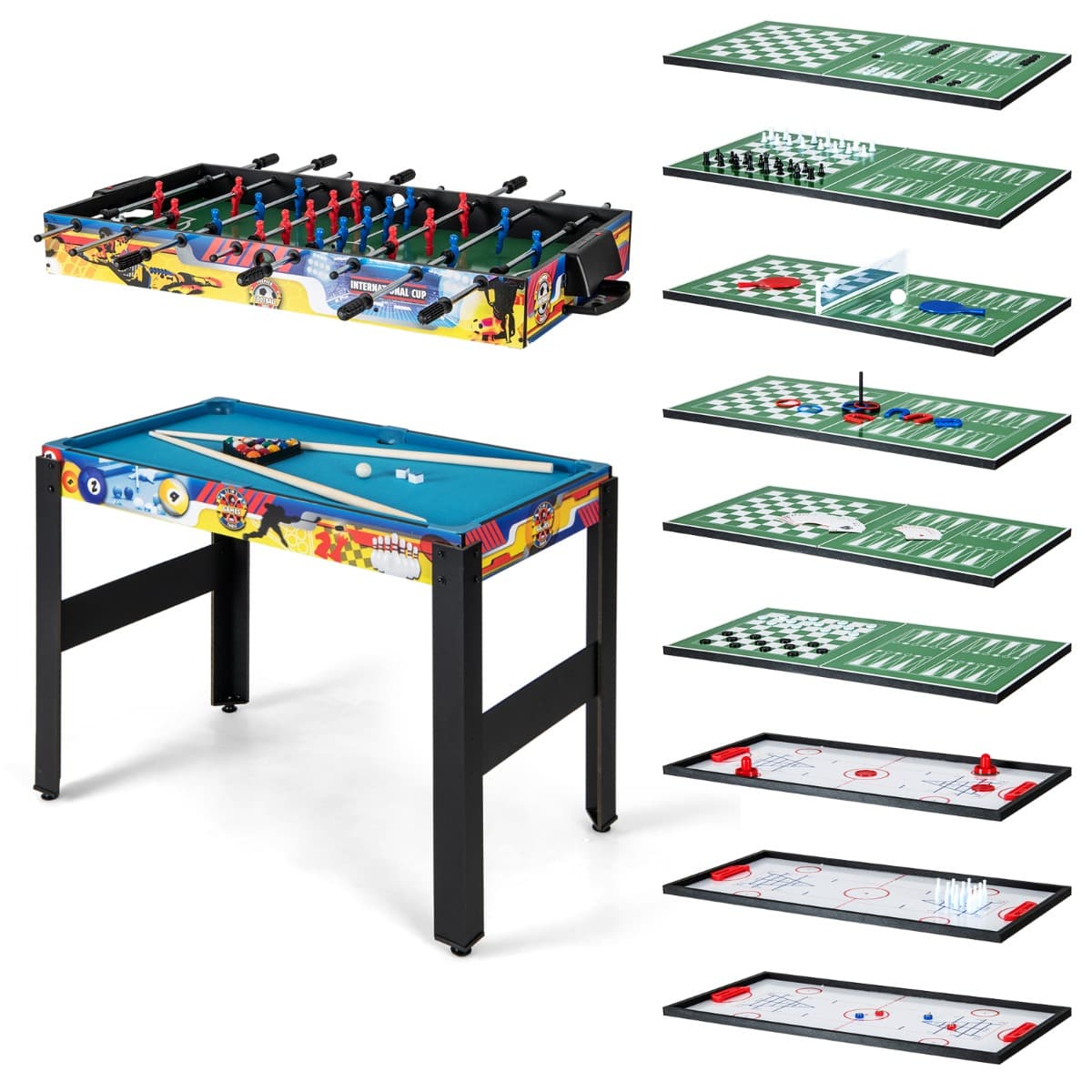 CostwayTable Multi Jeux 12 EN 1 Baby Foot Air Hockey Ping Pong Echecs Bowling Poker pour Bar Bureau Salon Multicolore