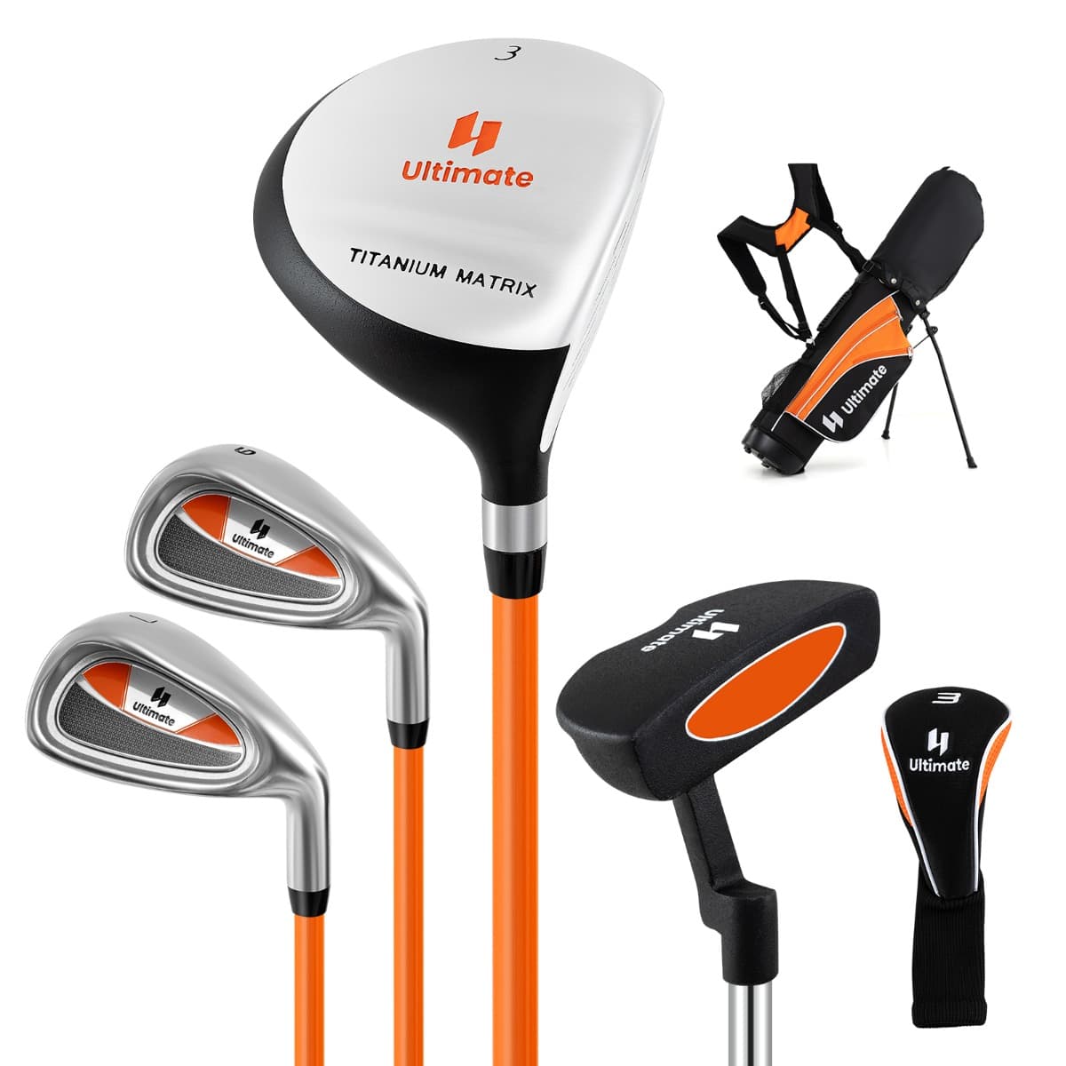CostwayEnsemble de Golf Complet avec 205CC #3 Fairway #7 & #9 Fers Putter Couvre-tête et Sac de Support & Protecteur de Pluie pour 8-10 Ans Orange