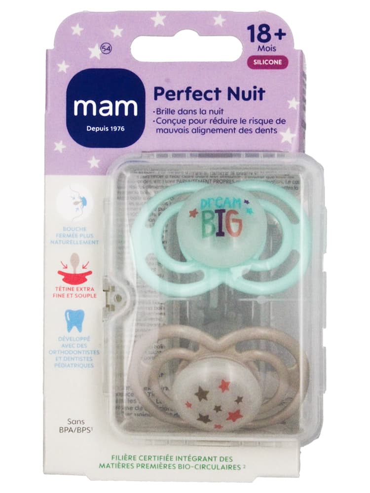 MAM 2 Sucettes Perfect Nuit Tendance Dès 18 mois - Modèle : Big Dream Vert et Étoiles Beige