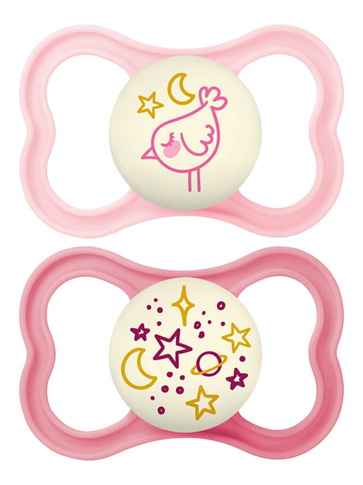 Sucettes MAM Perfect Night 18 mois et plus - Lot de 2 - Couleur : Oiseau et Étoiles Roses